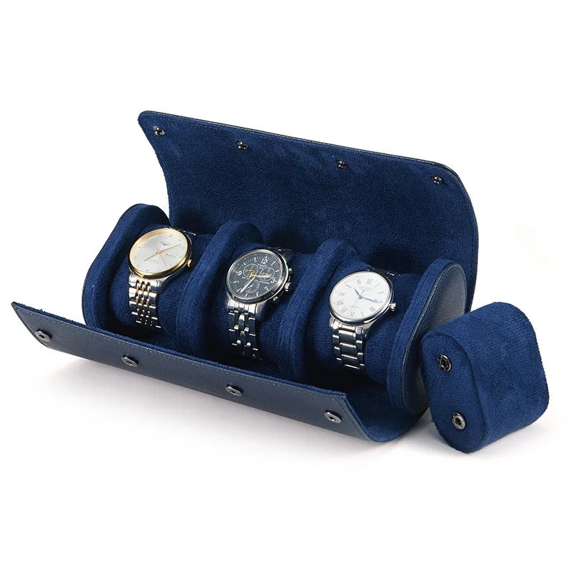 Sapphire Blue triple watch roll, open with three watches