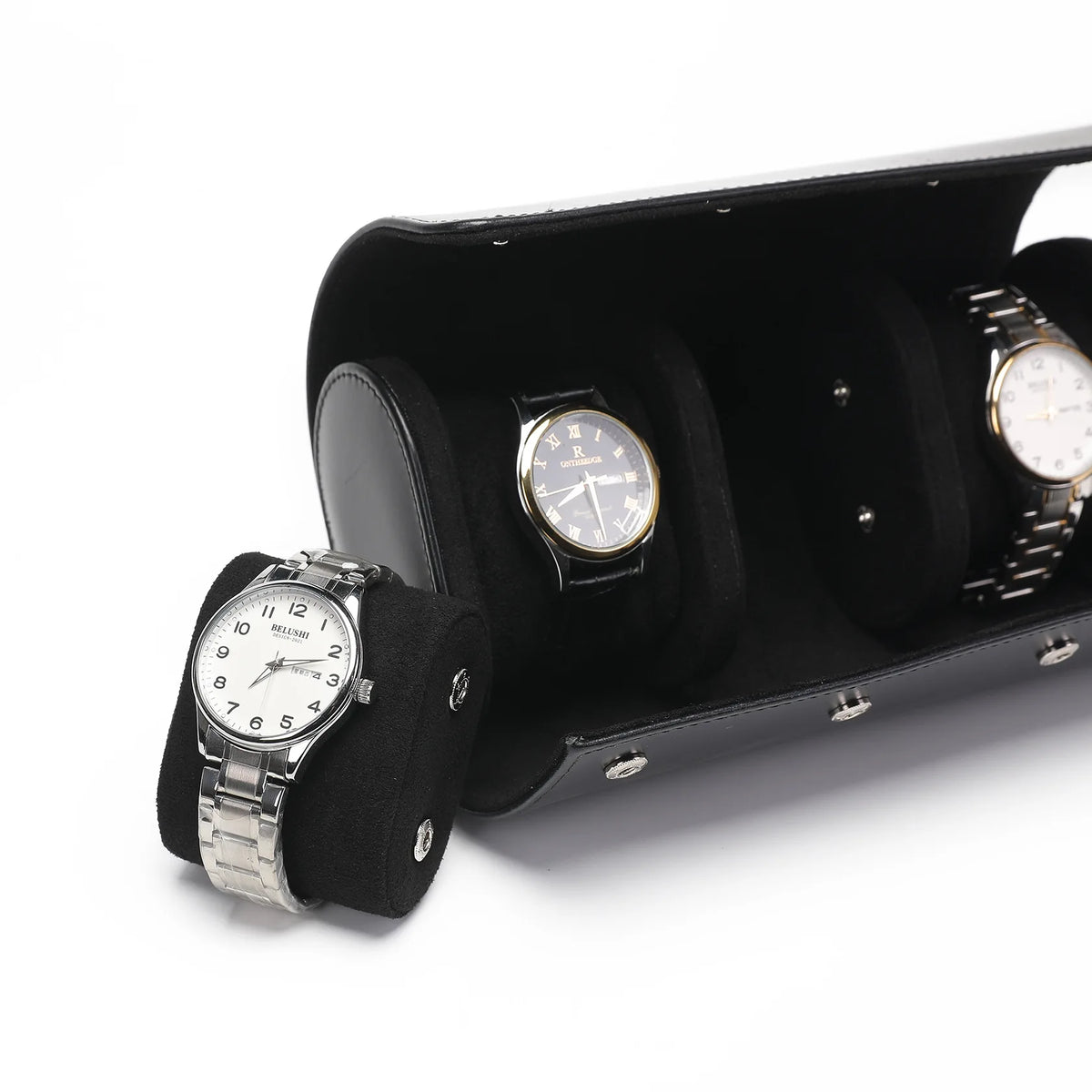 Close-up of the Onyx Black roll with a watch on its cushion