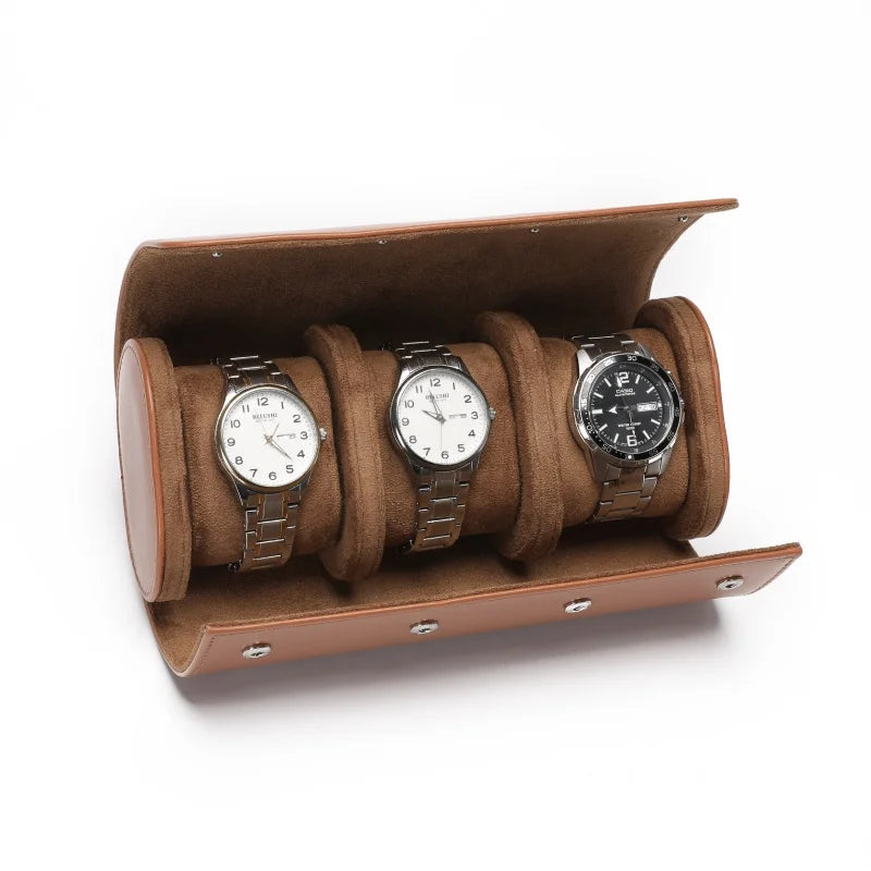 Triple watch roll in Cognac Tan vegan leather