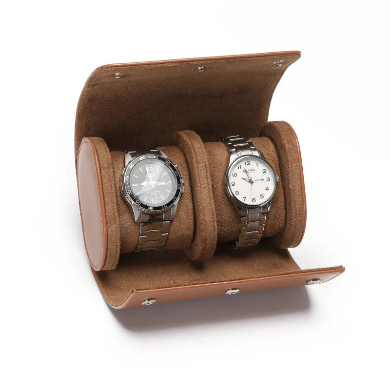 Double watch roll in Cognac Tan vegan leather